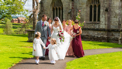 wedding group, church, married couple, bridesmaid